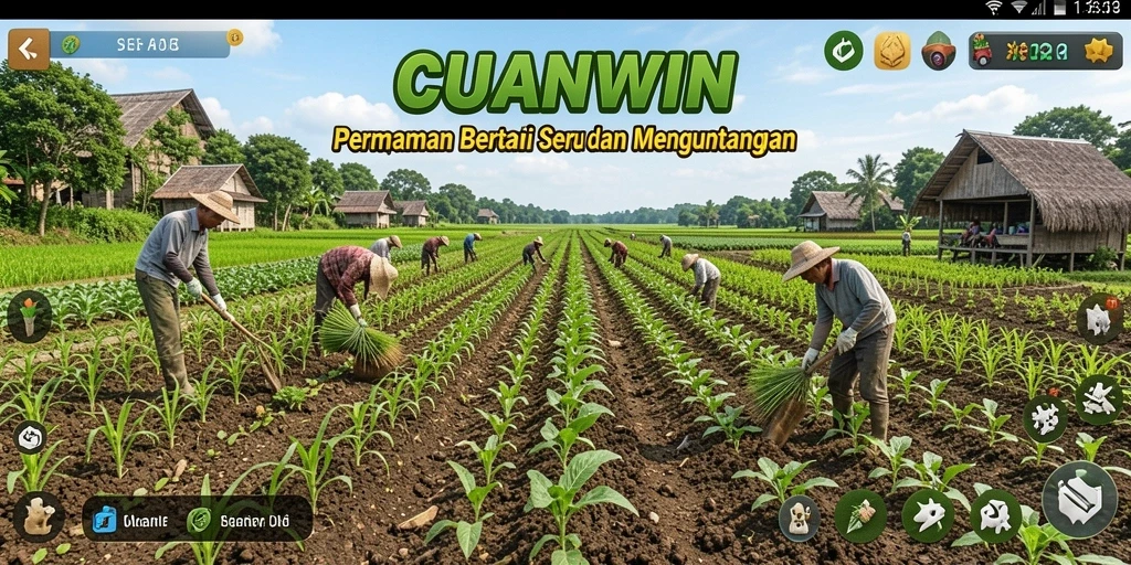 Tampilan gameplay <strong>CUANWIN</strong> dengan aktivitas bertani yang menarik.